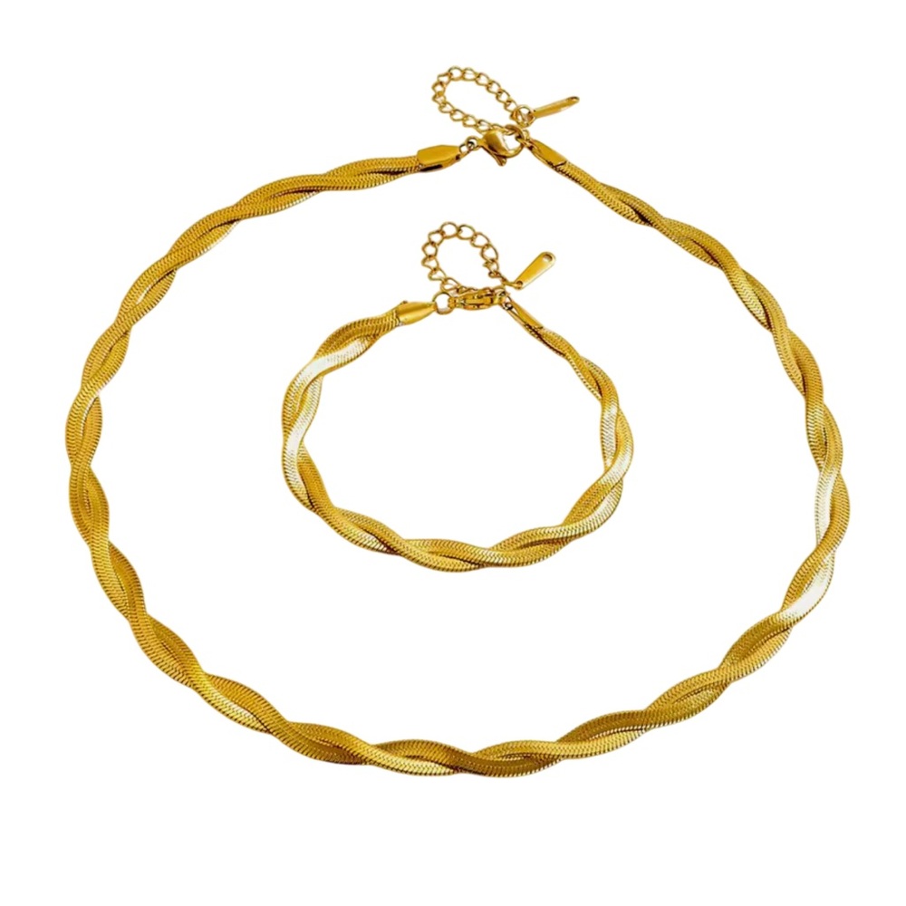 Double Braided Gold Snake chain Necklace and Bracelet Set Stainless Steel